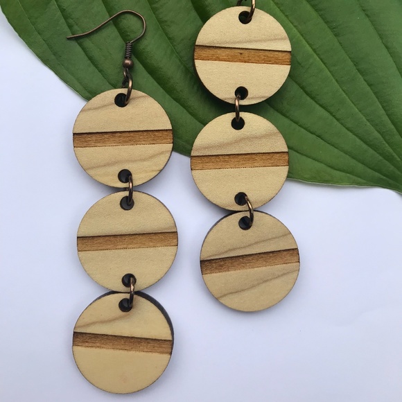 Handmade Lasercut Wood Earrings - 3 Circle Drop - Picture 2 of 3